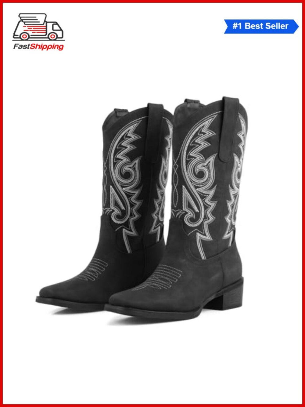 ✨ Pointed Toe Mid Calf Western Boots with Chunky Heel, Floral Embroidery,